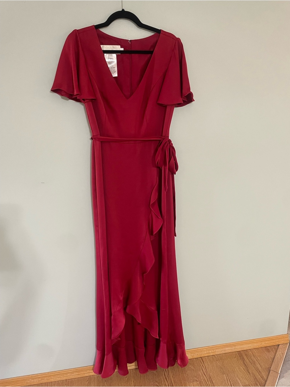 David's Bridal Flutter Sleeve Crepe Satin Ruffle bridesmaids dress